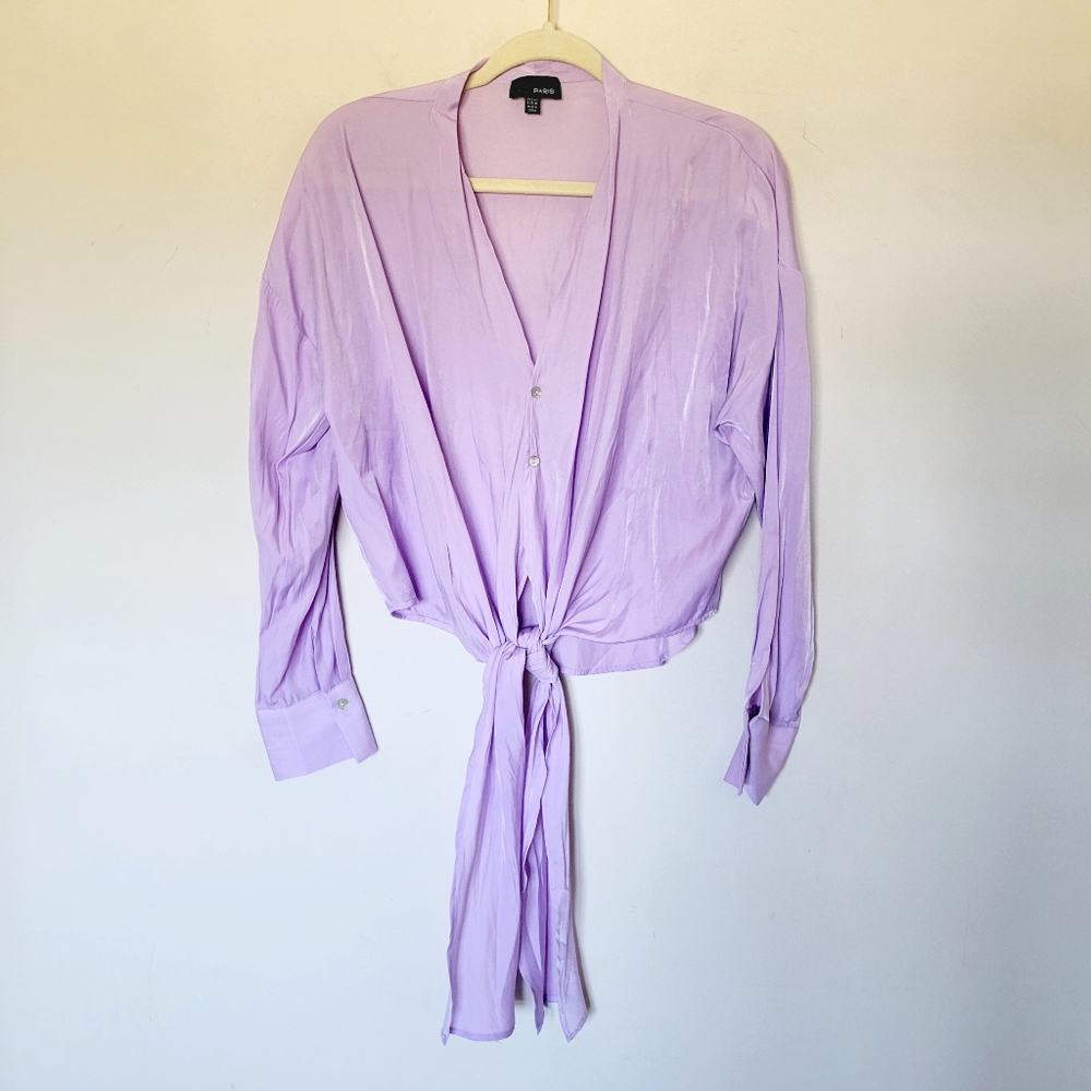 Lucy Paris Satin Button‎ Down Tie Blouse in Lilac